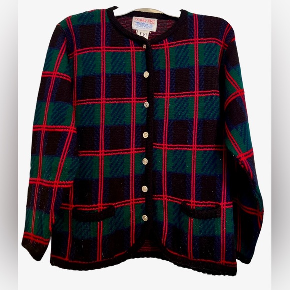 Vintage Tally Ho Sweater Women's Medium Cardigan Green Blue Red Plaid Pockets - Picture 1 of 4